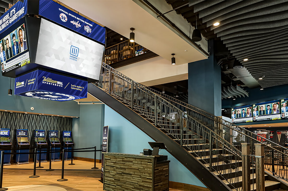 Scoreboard and video screens at Caesar's Sportsbook at Capital One Arena in Washington, DC.