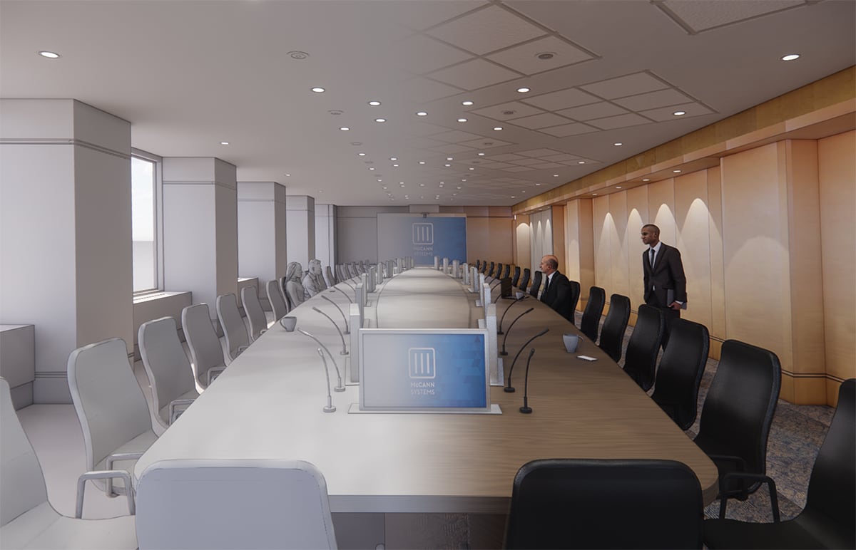 Rendering for a corporate conference room rebuilt concept.
