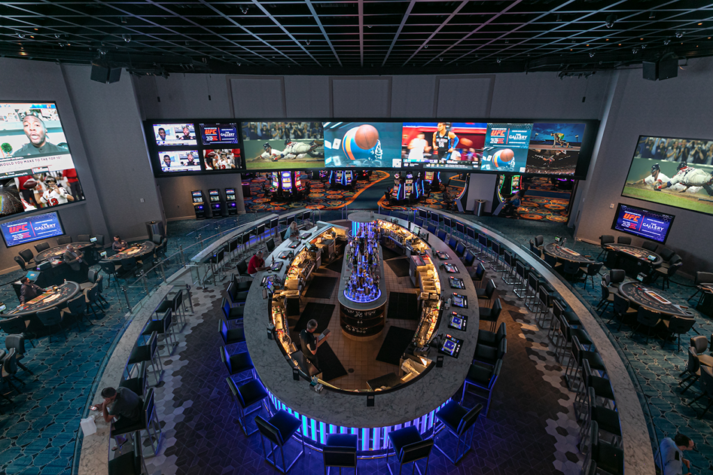 Overhead view of a circular bar and large wrap around video wall.