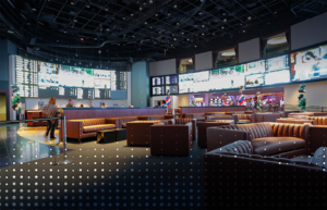 Sofas, bar and video screens at sportsbook.