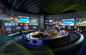 Modern sportsbook with center island bar and large video walls on every direction.