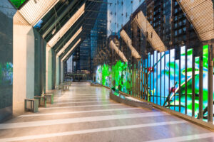 The 150 Riverside Lobby features a digital art installation by McCann Systems with innovative LED video panels.