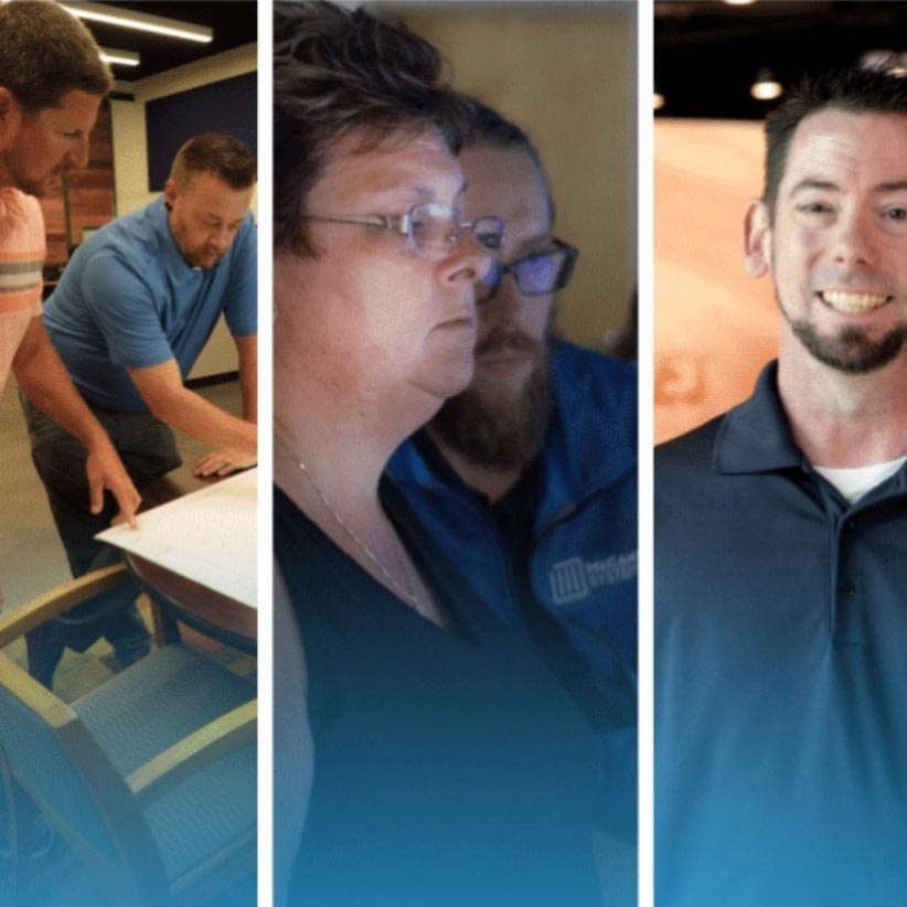 Collage showing team collaboration and a smiling technician in branded attire