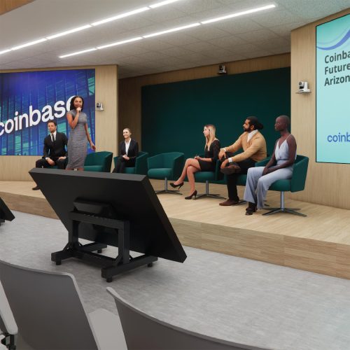 Design-Consulting-Topic-3 Panel discussion setup with multiple speakers on a stage in front of branded screens