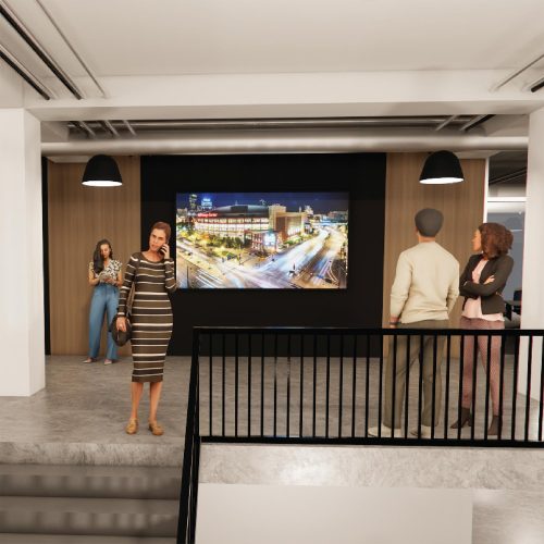 Design-Consulting-Topic-4 Gallery-style space with people observing a large wall-mounted digital image