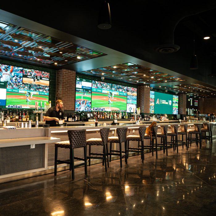 Video screens behind the bar at the sportsbook inside Chase Field, home of the Arizona Diamondbacks.