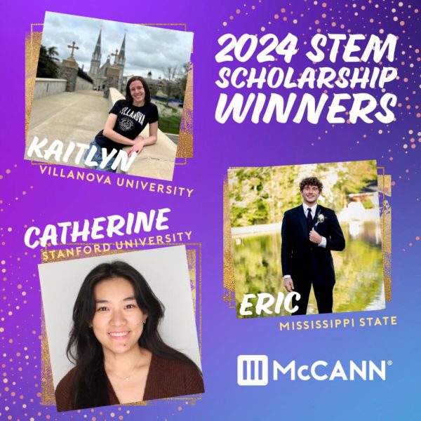 Three STEM scholarship winners: Kaitlyn in Villanova University shirt, Catherine in a brown sweater, and Eric in a suit.